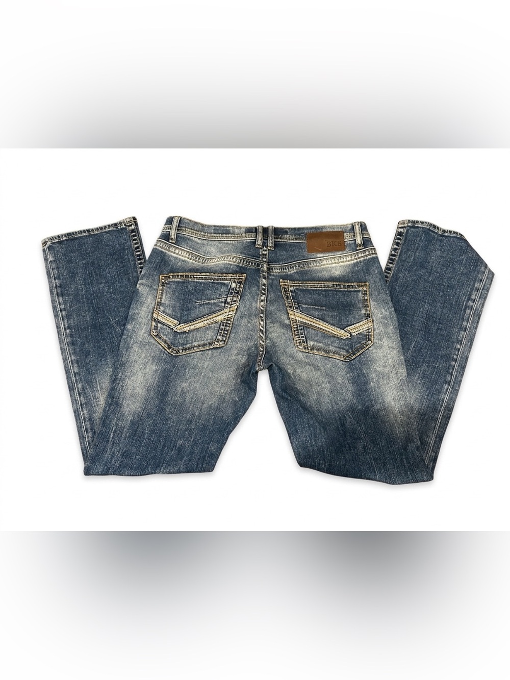BKE Denim Jake Straight Mens Jeans Size 33R Blue Acid Wash Distressed Buckle